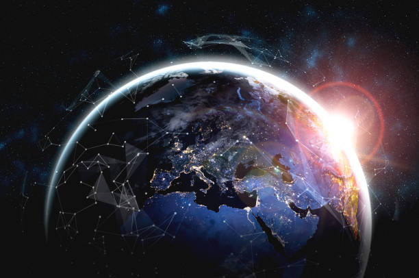 istock Global network connection covering the earth with lines of innovative perception 1299568344