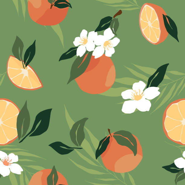 illustrazioni stock, clip art, cartoni animati e icone di tendenza di motivo tropicale senza cuciture con arance, fiori, foglie di palma su sfondo verde. semplice fondo ripetuto frutta alla moda. design esotico vettoriale - grapefruit citrus fruit leaf fruit