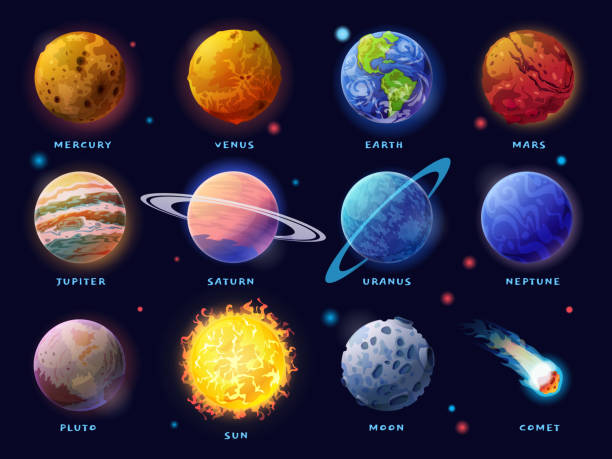 태양계 행성세트. 별이 빛나는 하늘 배경에 고립 된 달, 태양과 혜성 아이콘. 벡터 우주 가스 거인 목성과 토성, 얼음 천왕성 해왕성, 명왕성. 록키 머큐리, 금성 및 지구, 화성 - asteroid stock illustrations