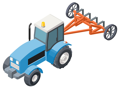 Isometric Tractor and Plough in Vector.