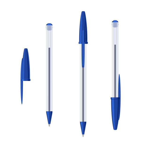 ilustrações de stock, clip art, desenhos animados e ícones de common blue ballpoint pen in transparent plastic case set. vector illustration - caneta esferográfica