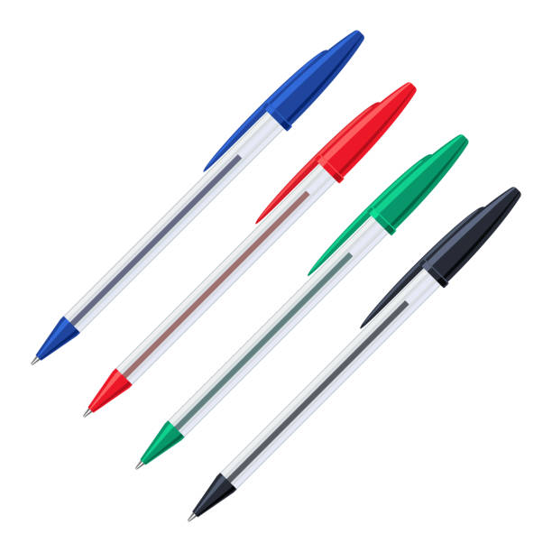 ilustrações de stock, clip art, desenhos animados e ícones de common colored ballpoint pens in transparent plastic cases with caps set. vector illustration - caneta esferográfica