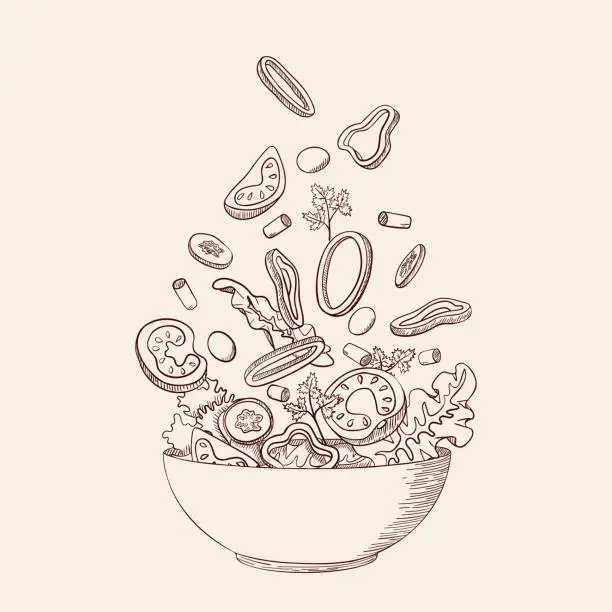 Vector illustration of Fresh vegetable salad in sketch line style. Concept cooking organic healthy vegan, vegetarian, dietary, vitamin dish with farm products. Tomato, cucumber, bell pepper. Vector illustration