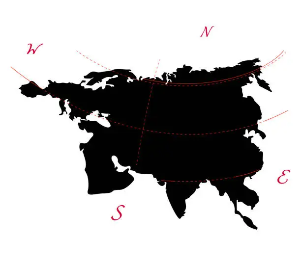 Vector illustration of Eurasia continent map, Europe, Asia. View from the north side. Vector illustration