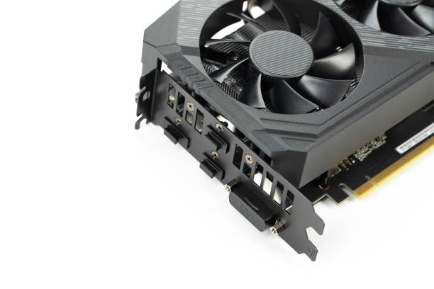 istock Game graphics card isolated on white background. The pc board can be used to mine cryptocurrency. 1299571853