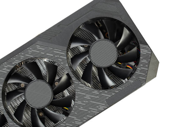 istock Game graphics card isolated on white background. The pc board can be used to mine cryptocurrency. 1299571902
