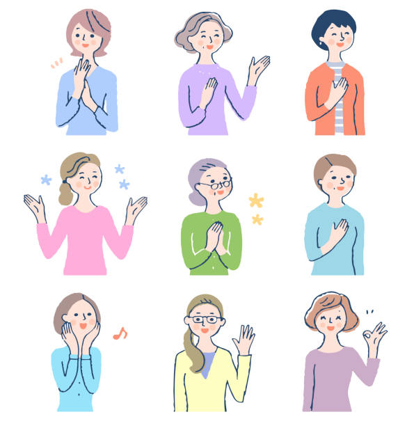 ilustrações de stock, clip art, desenhos animados e ícones de set of 9 smiling middle-aged women - white background laughing beautiful women