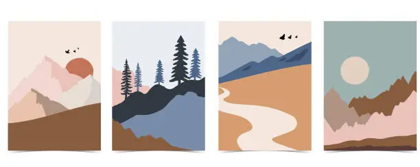 Vector illustration of Collection of nature landscape background set with mountain,sea,sun,moon.Editable vector illustration for website, invitation,postcard and poster