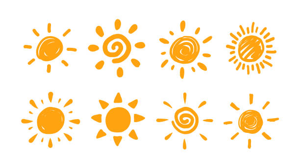 Cute doodle sun collection. Digital illustration with hand drawn style solar stock illustrations