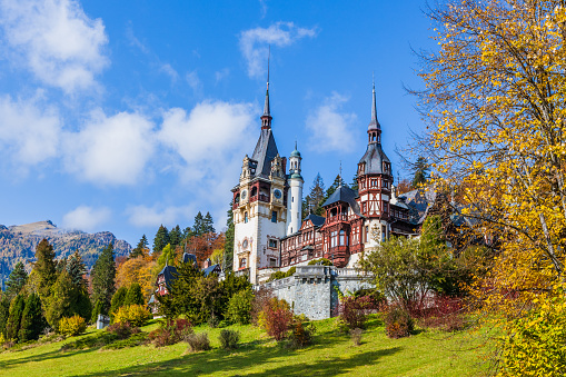 Sinaia, Prahova county, Romania - October 27, 2020: Peles castle in autumn.