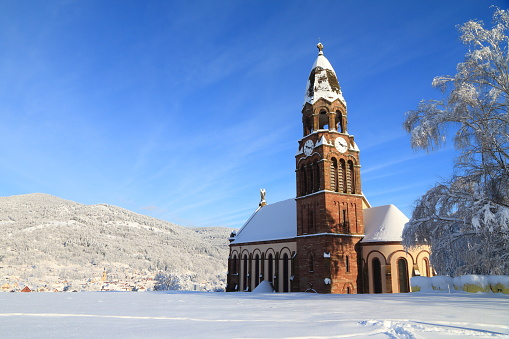 Small Christmas looking church on Gubałówka Hill in Zakopane, Poland in the winter weather