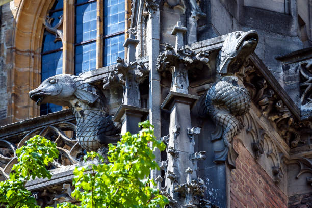 Gargoyles on Ulm Minster or Cathedral of Ulm city, Germany Gargoyles on Ulm Minster or Cathedral of Ulm city, Germany. Detail of famous Gothic church, medieval German architecture. Fish sculpture on ornate luxury exterior of old Christian building close-up. ulm minster stock pictures, royalty-free photos & images
