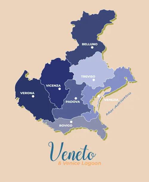 Vector illustration of Veneto and Venice lagoon vector map divided into provinces with major cities