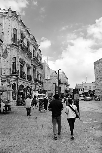 Jerusalem, Israel - September 20, 2017: Ancient streets and buildings in the old city of Jerusalem near Jaffa gate. Jaffa Gate is one of the most significant gates to the old city