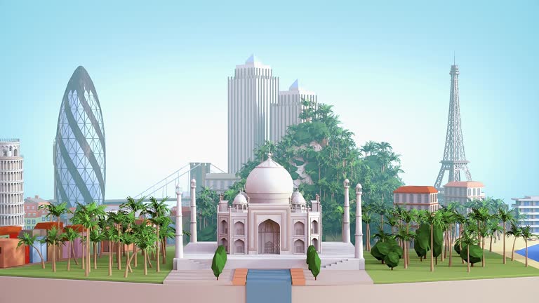 4k 3d motion graphic sequence showing showing popular travel destinations. Panning across various monuments ad sights around the world