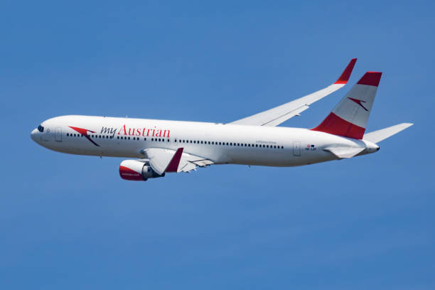 Austrian Airlines Boeing 767-300 OE-LAT passenger plane deaprture and take off at Vienna Airport Vienna, Austria - May 20, 2018: Austrian Airlines Boeing 767-300 OE-LAT passenger plane deaprture and take off at Vienna Airport austrian culture stock pictures, royalty-free photos & images