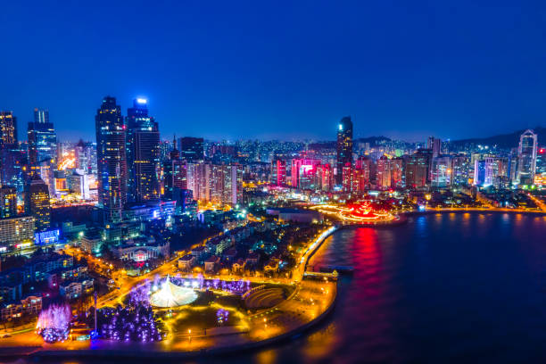 Aerial photography of Qingdao cbd modern architecture night view Aerial photography of Qingdao cbd modern architecture night view qingdao stock pictures, royalty-free photos & images