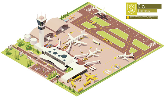 Vector isometric airport terminal infrastructure. Parked airplanes with boarding bridges, postal service aircraft loading, airplane on the runway, aircraft maintenance hangars, airport machinery and workers