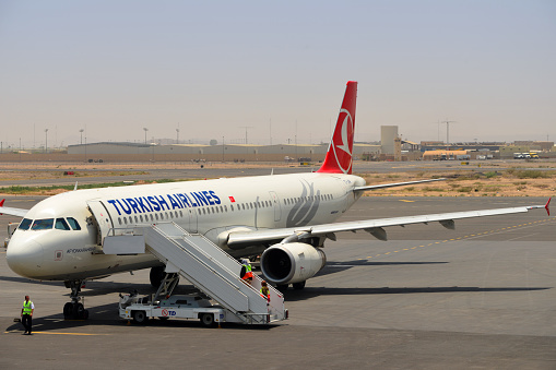 Djibouti city, Djibouti: portside view of Turkish Airlines Airbus A321-231 TC-JRM ('Afyonkarahisar', cn 4643) on the apron at Djibouti-Ambouli International Airport. Tukry plays an important role in the Horn of Africa.