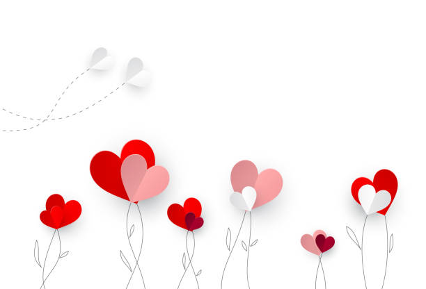白い背景に手描きの枝の上に花や蝶のように見える紙の心 - love red symbol valentines day点のイラスト素材／クリップアート素材／マンガ素材／アイコン素材