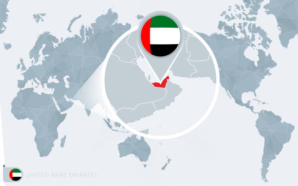 istock Pacific Centered World map with magnified United Arab Emirates. Flag and map of United Arab Emirates. 1299586791