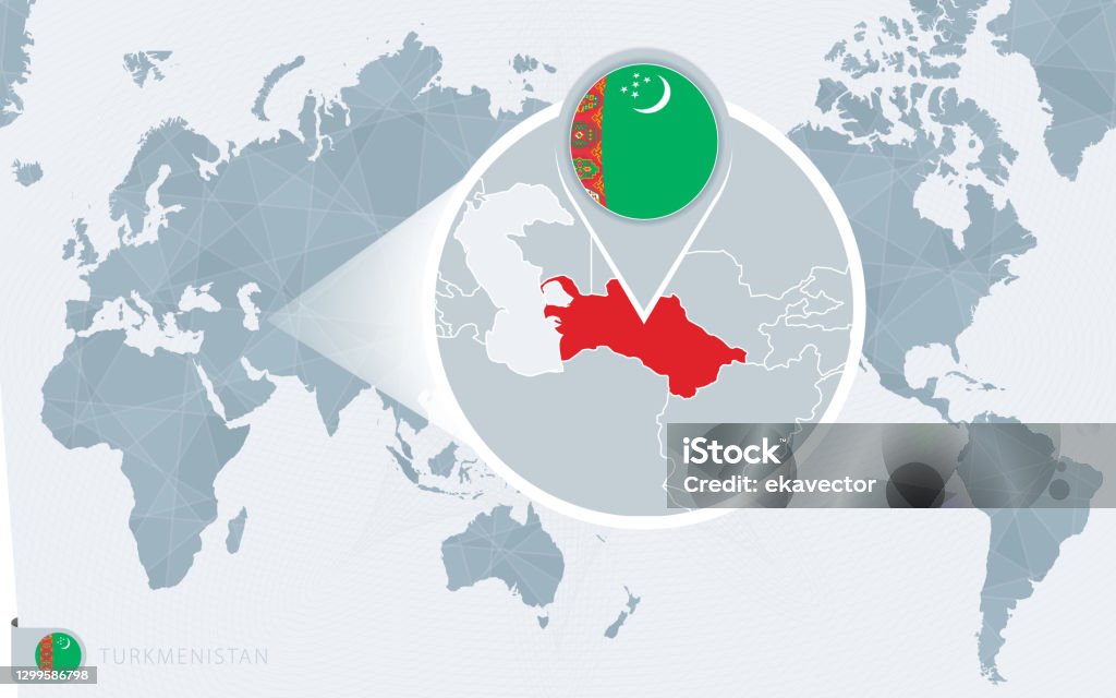 拡大トルクメニスタンと太平洋中心の世界地図.トルクメニスタンの国旗と地図。 - イラスト素材...