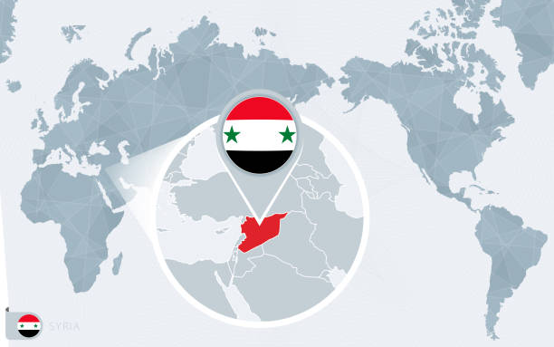 istock Pacific Centered World map with magnified Syria. Flag and map of Syria. 1299587397
