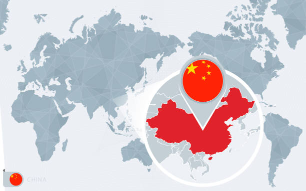 istock Pacific Centered World map with magnified China. Flag and map of China. 1299587956
