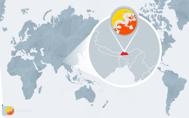 istock Pacific Centered World map with magnified Bhutan. Flag and map of Bhutan. 1299588047