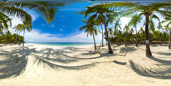 Coconut trees, golden sand, turquoise water and blue sky, wonderful pearl beach , Guadeloupe, French West Indies, panoramic view