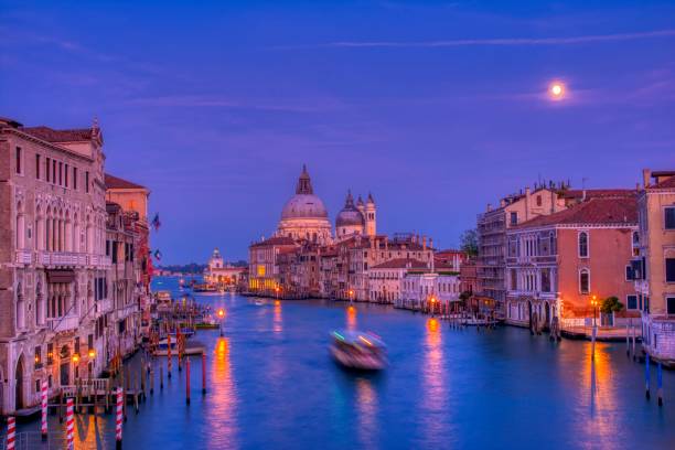 Santa Maria Della Salute, Church of Health in blue hour at Grand Canal, Venice Italy.