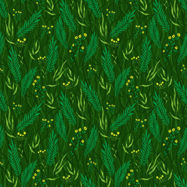 シームレスな緑の花柄。枝、花、葉。テキスタイル、壁紙、包装紙のための森のパターン - color image colored background tree branch点のイラスト素材／クリップアート素材／マンガ素材／アイコン素材