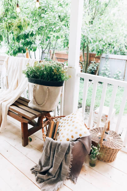 istock Cozy veranda with bench and flowers 1299591204