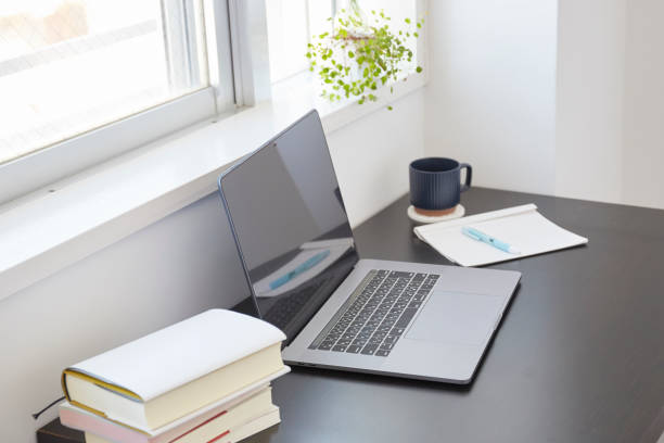 istock Work on a laptop near the bright window at home 1299593233