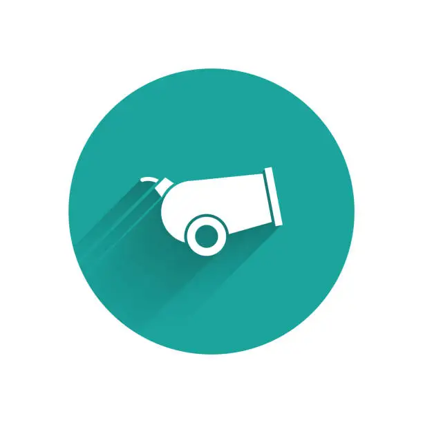 Vector illustration of White Cannon icon isolated with long shadow. Green circle button. Vector