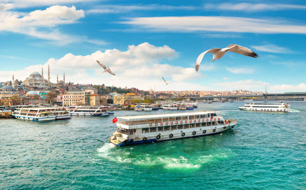 View of Suleymaniye Mosque Golden Horn in Istanbul and view of Suleymaniye Mosque passenger ship stock pictures, royalty-free photos & images