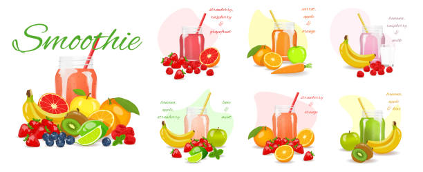 набор смузи. свежие фрукты и ягоды. свежие фрукты, здоровая пища, детоксикация, веганская концепция. - food jar backgrounds breakfast stock illustrations