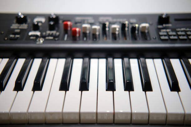 istock Black electronic piano, modern synthesizer with sliders for recording and sound tuning 1299595367