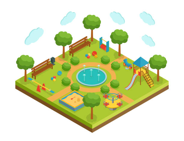 ilustraciones, imágenes clip art, dibujos animados e iconos de stock de parque infantil isométrico con fuente, ilustración vectorial"n - patio fountain illustrations