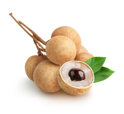 Longan thai fruit with leaves isolated on white background. Clipping path included.
