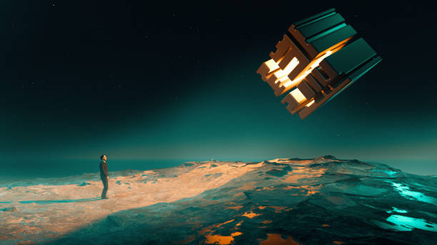 istock Paranormal experience for man meeting a floating box or space ship 1299599856