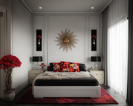 Digitally generated charming and elegant master bedroom with asian influence.

The scene was rendered with photorealistic shaders and lighting in Corona Renderer 6 for Autodesk® 3ds Max 2020 with some post-production added.