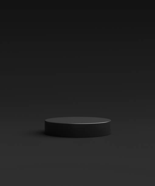 istock Black product background stand or podium pedestal on advertising display with blank backdrops. 3D rendering. 1299607252