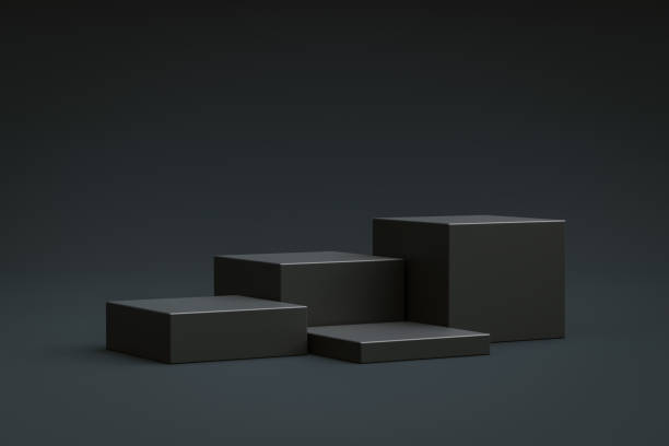 istock Black product background stand or podium pedestal on advertising display with blank backdrops. 3D rendering. 1299607255