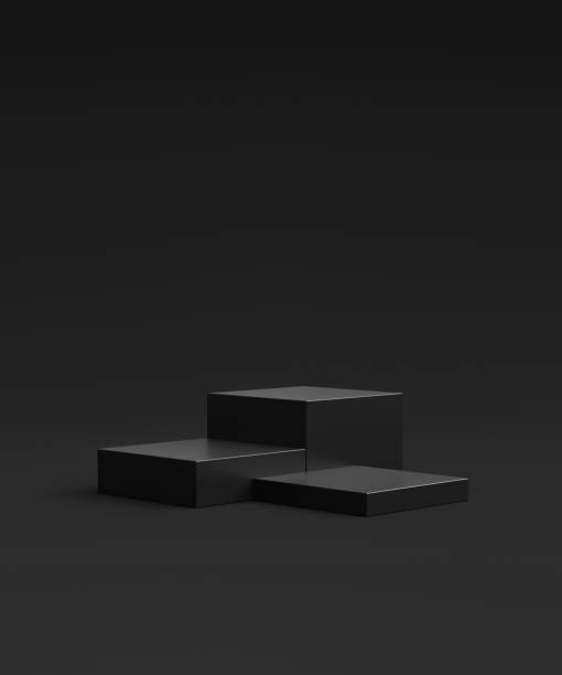 istock Black product background stand or podium pedestal on advertising display with blank backdrops. 3D rendering. 1299607256