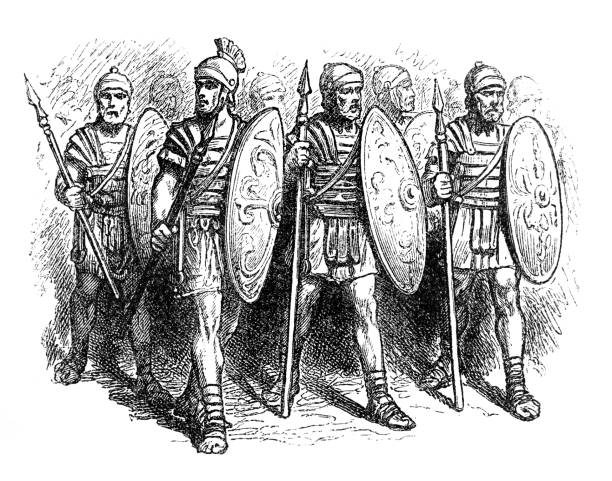 Roman soldiers in military uniform 4th century Engraving showing roman soldiers with different costumes from 4th century with pilum
Original edition from my own archives
Source : Weltgeschichte 1887 ancient roman civilization stock illustrations
