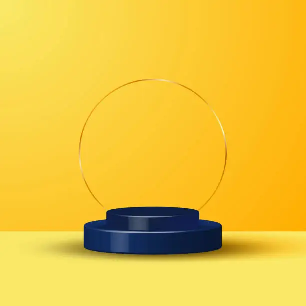Vector illustration of 3D realistic yellow rendering and blue podium studio stage for display showcase gold circle background.