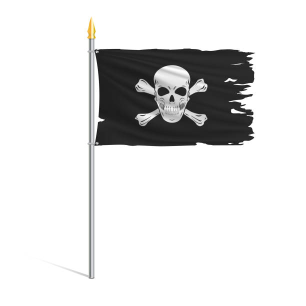 ilustraciones, imágenes clip art, dibujos animados e iconos de stock de bandera negra de torn pirate en el viento sobre un poste aislado sobre fondo blanco. - pirate flag