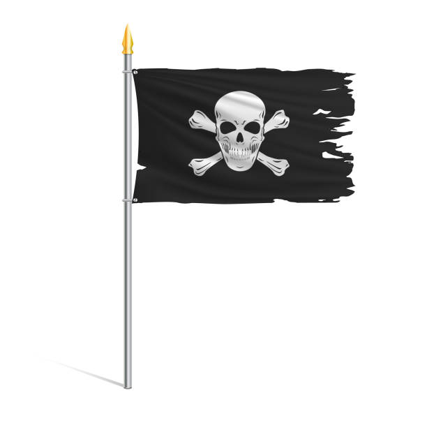 Torn Pirate black flag in the wind on a pole isolated on white background. Torn Pirate black flag in the wind on a pole isolated on white background. Vector illustration. pirate flag stock illustrations