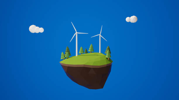 Illustration of wind power plant placed on floating isle with pine trees. Blue background with clouds. Concept of ecological sustainable source of power. Clean alternative energy. Low poly design, 3D Illustration of wind power plant placed on floating isle with pine trees. Blue background with clouds. Concept of ecological sustainable source of power. Clean alternative energy. Low poly design, 3D floating electric generator stock pictures, royalty-free photos & images